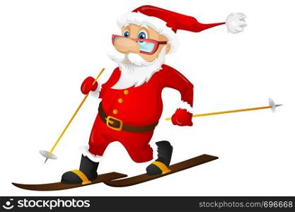 Cartoon Character Santa Claus Isolated on Grey Gradient Background. Skiing. Vector EPS 10.