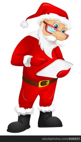 Cartoon Character Santa Claus Isolated on Grey Gradient Background. Tablet User. Vector EPS 10.