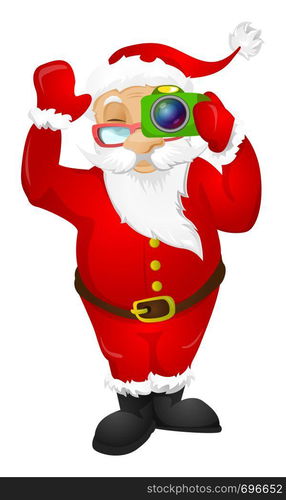 Cartoon Character Santa Claus Isolated on Grey Gradient Background. Tourist Photographer. Vector EPS 10.