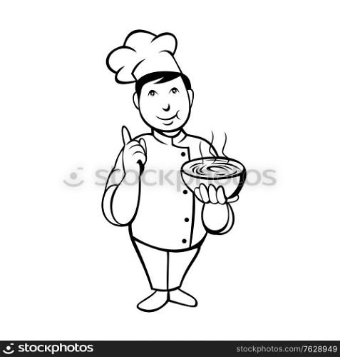 Cartoon character style illustration of an Asian chef or cook holding and serving a bowl of hot soup with number one hand sign viewed front on isolated white background done in black and white.. Cartoon Asian Chef or Cook Serving Bowl of Hot Soup with Number One Hand Sign Black and White