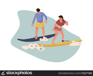 Cartoon character surfing. Vector colour image people beach activities. Summer illustrations surfboard on waves on white background. Cartoon character surfing. Vector people beach activities. Summer illustrations surfboard on waves