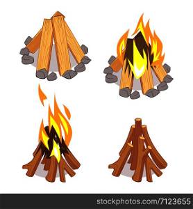Cartoon character wooden logs and campfire isolated on white background. Illustration of campfire and firewood, camping bonfire. Cartoon character wooden logs and campfire isolated on white background