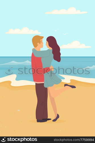 Cartoon characters are standing on seashore. People spending time together on beach. Young couple in relationship near ocean bank. Guy and girl hugging each other on coastline. Family has date. Guy and girl hugging each other on coastline. Young couple in relationship has date on seashore