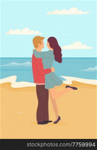 Cartoon characters are standing on seashore. People spending time together on beach. Young couple in relationship near ocean bank. Guy and girl hugging each other on coastline. Family has date. Guy and girl hugging each other on coastline. Young couple in relationship has date on seashore