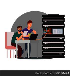 Cartoon characters computer engineers working with server cluster. Vector illustration. Cartoon computer engineers working with server