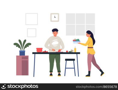 Cartoon characters cooking together. Male and female characters making meal. Man cutting ingredients and putting into pan. Woman carrying bowl with vegetables. Couple in kitchen interior vector. 2209 S ST Cartoon characters cooking together
