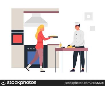 Cartoon characters cooking together. Male chef in uniform making dough with ingredients on table. Woman carrying baking sheet with pie. Cheerful people in kitchen vector illustration. Cartoon characters cooking together. Male chef in uniform making dough with ingredients on table. Woman carrying baking sheet