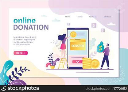 Cartoon characters donate money by online payments. Charity fundraising and support for those in need. Landing page template on donation theme. Girl putting coin in donation box. Vector illustration. Cartoon characters donate money by online payments. Charity fundraising and support for those in need. Landing page template on donation theme