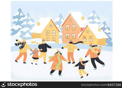 Cartoon characters having fun on ice rink together. Adult people and children skating outdoors flat vector illustration. Family, sports, winter, Christmas concept for banner or landing web page