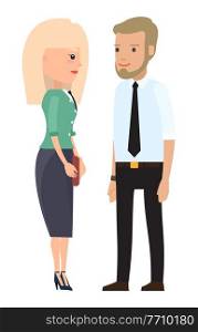 Cartoon characters, stylish businesspeople wearing office suits. Businessman in shirt, tie and trousers with belt, hand watch. Businesswoman wear elegance blouse, skirt, hand bag. Office dresscode. Cartoon characters, stylish elegant businesswoman and businessman wearing office dresscode