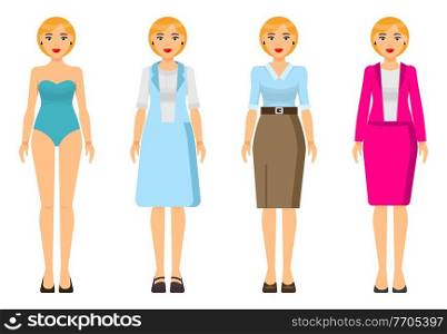 Cartoon characters. Woman blond with short haircut wearing different clothes. Girl in underwear. Businesslady wear business and home dress, skirt and blouse, office suit with jacket. Set of clothes. Dresscode of businesswoman or businesslady, set of clothes, woman in underwear, office style