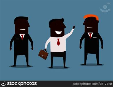 Cartoon cheerful african american businessman waving hand with strong and serious bodyguards, for business security concept. Happy businessman and confident bodyguards