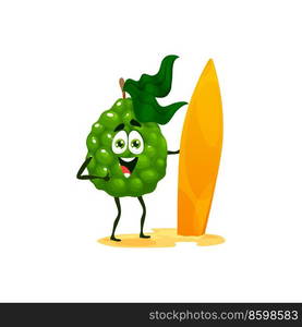 Cartoon cheerful bergamot fruit character with surfboard. Vector tropical lime citrus or kaffir personage practice on surfing sport. Healthy lifestyle, natural nutrition, energy. Cartoon cheerful bergamot character with surfboard