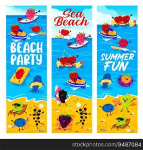 Cartoon cheerful berry characters on summer beach. Summer vacation travel vector banners with raspberry, strawberry, cherry and rosehip, honeyberry, gooseberry cute personages swimming and surfing. Cartoon cheerful berry characters on summer beach