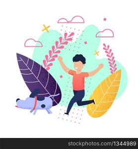 Cartoon cheerful Boy Running with Dog Illustration. Vector Child Enjoying Summer Recreation and Vacation. Kid Walking Puppy. Happy Childhood. Outdoors Activities and Pet Care. Flat Natural Design. Happy Cartoon Boy Running with Dog Illustration