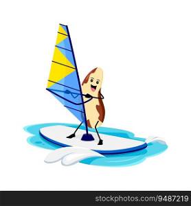 Cartoon cheerful brazil nut on summer beach vacation. Isolated vector adventurous kernel personage character enjoying windsurfing activity, gliding across waves, and feeling the thrill of the sea. Cartoon cheerful brazil nut enjoying windsurfing