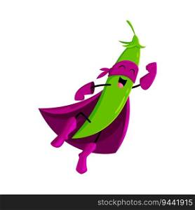 Cartoon cheerful pea pod vegetable superhero character. Farm fresh legumes pod or vegetable warrior, defender or hero isolated vector cute mascot. Pea flying superhero funny personage. Cartoon pea pod vegetable flying hero character