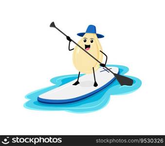 Cartoon cheerful pumpkin seed character blissfully paddles on a SUP board during summer vacation. Isolated vector nut personage basking in the sun and the soothing waves, enjoying beach recreation. Cartoon cheerful pumpkin seed paddles on SUP board