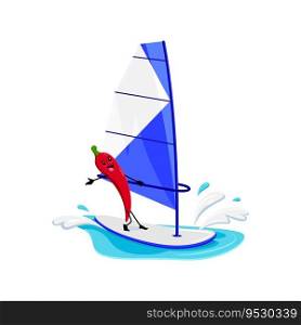 Cartoon cheerful red hot chili pepper character enjoying windsurfing recreation during summer beach vacation. Isolated vector guindilla or jalapeno vegetable personage on holidays at ocean resort. Cartoon cheerful red hot chili pepper windsurfing