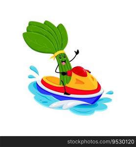 Cartoon cheerful spinach vegetable character enjoying a summer vacation, riding a water bike across the sparkling waves, embracing the sun-filled adventures. Isolated vector healthy food personage. Cartoon spinach vegetable riding water bike on sea