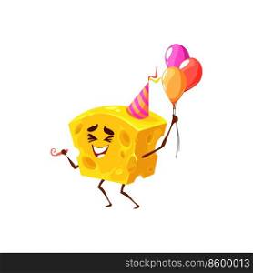 Cartoon cheese celebrating birthday holiday with party balloons, vector kids food character. Funny cheese piece or lump with holes celebrate birthday party with balloons, cap and whistle. Cartoon cheese celebrating birthday holiday party