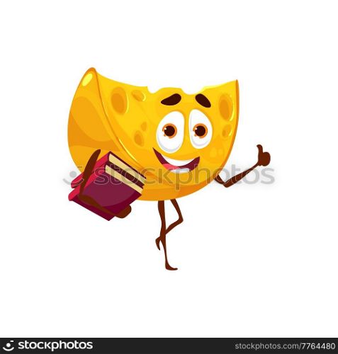 Cartoon cheese character goes to the library. Vector yellow slice personage of dairy product holding books and show thumb up. Funny piece of cheese, smart milky personage gain education and knowledges. Cartoon cheese character goes to the library