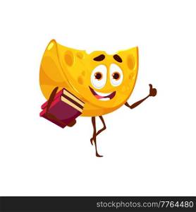Cartoon cheese character goes to the library. Vector yellow slice personage of dairy product holding books and show thumb up. Funny piece of cheese, smart milky personage gain education and knowledges. Cartoon cheese character goes to the library