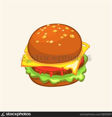 Cartoon Cheeseburger. Vector drawing of hamburger with cheese, tomatoes, chop, lettuce, onion, cucumber in flat cartoon style. Illustration for design fast food menu. Hamburger isolated icons. Hamburger illustration.