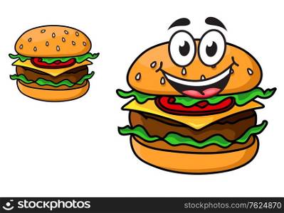 Cartoon cheeseburger with a laughing face with a beef patty, cheese, lettuce and tomato on a sesame bun, and a second version with no face, isolated on white. Cartoon cheeseburger with a laughing face