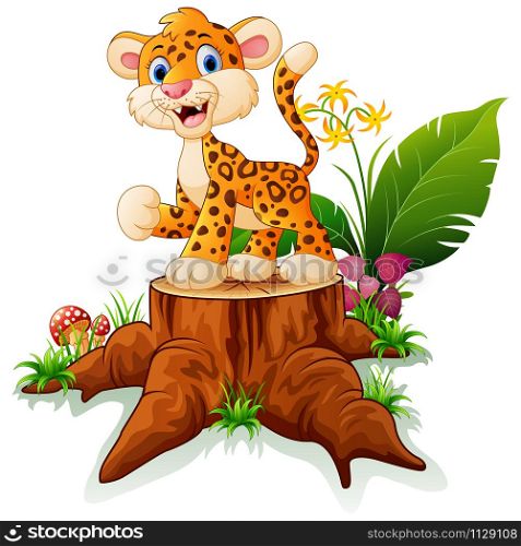Cartoon cheetah on tree stump