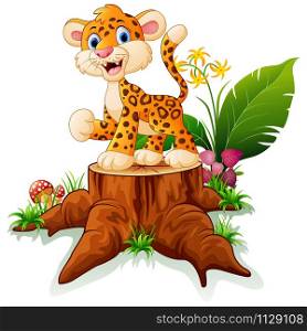 Cartoon cheetah on tree stump