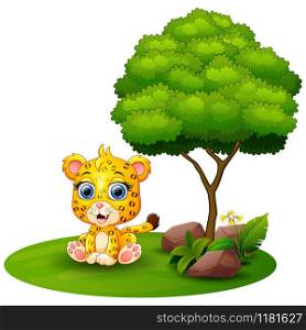 Cartoon cheetah sitting under a tree on a white background