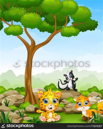 Cartoon cheetah with skunk and fox in the jungle