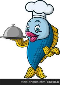 Cartoon chef fish holding a tray