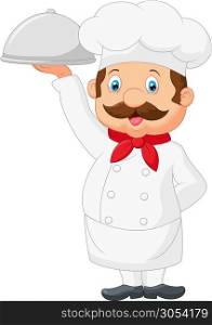 Cartoon Chef Serving Food In A Sliver Platter