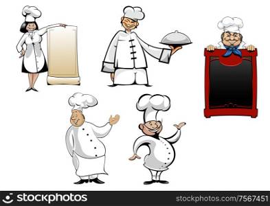 Cartoon chefs and cooks characters set. With menu board, cook toque and tray or dish for cooking, gastronomy, cafe and restaurant design