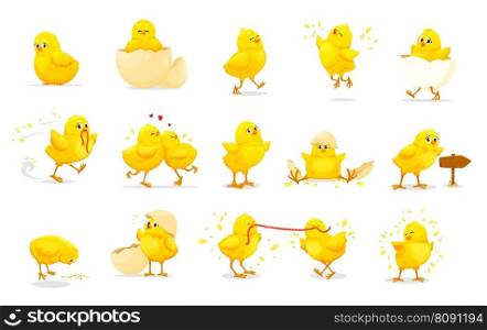 Cartoon chick characters of cute baby chickens. Little yellow farm bird vector personages with egg shells, worms and grains. Fluffy chicks hatching, sitting, running and eating, jumping and walking. Cartoon chick characters of cute baby chickens