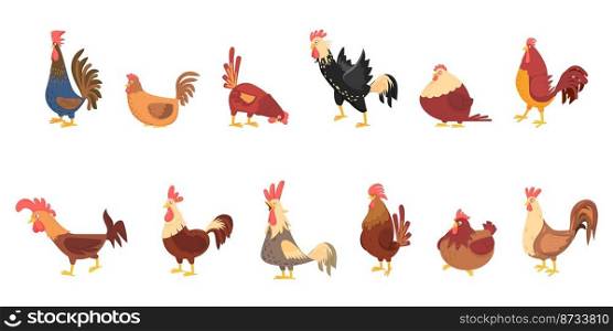 Cartoon chicken. Cute chickens, domestic birds. Isolated rooster, hen and chick. Farm funny emotional animals, easter decent vector characters. Illustration of domestic chicken cartoon. Cartoon chicken. Cute chickens, domestic birds. Isolated rooster, hen and chick. Farm funny emotional animals, easter decent vector characters