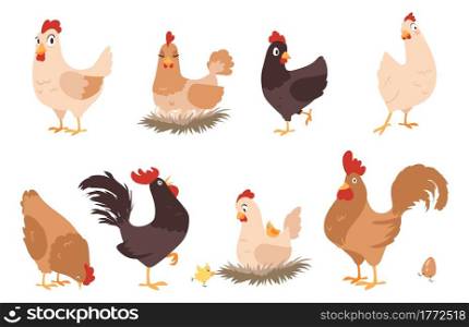 Cartoon chicken. Funny rooster and hen. Isolated farm animal mascots with wings and feathers. Activities of domestic birds. Cute chicks sitting in nests. Cheerful cocks walking. Vector poultry set. Cartoon chicken. Funny rooster and hen. Farm animal mascots with wings and feathers. Activities of domestic birds. Chicks sitting in nests. Cheerful cocks walking. Vector poultry set