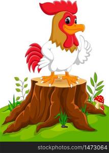 Cartoon chicken rooster on tree stump