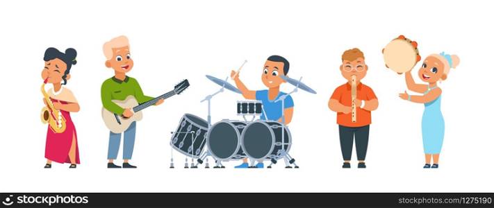 Cartoon child band. Cute kid orchestra with happy children playing musical instruments on party or in class. Vector illustration smiling kids group performing music. Cartoon child band. Cute kid orchestra with happy children playing musical instruments on party or in class. Vector kids performing music