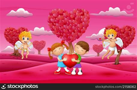 Cartoon child couple holding a big heart with cupid