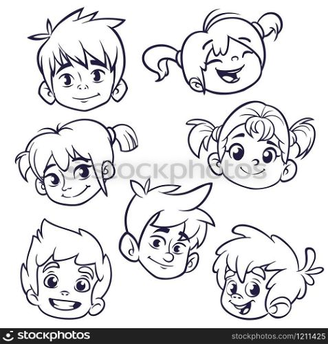 Cartoon child face icons. Vector set of childrens or teenagers heads outlined. Cutout illustration