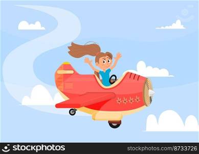 Cartoon child in airplane. Kid pilot, little happy aviator flying in sky. Cute fly on aircraft, funny girl drive transport. Summer trip vector. Illustration of kid pilot, child cartoon in airplane. Cartoon child in airplane. Kid pilot, little happy aviator flying in sky. Cute fly on aircraft, funny girl drive transport. Summer trip or baby adventures decent vector
