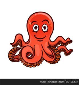 Cartoon childish illustration of pink octopus resting on sea bottom with rolled up tentacles. Zoo aquarium symbol, t-shirt print or fairytale hero design usage. Cartoon octopus resting with rolled up tentacles