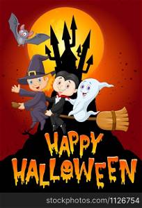 Cartoon children and ghost with big moon background