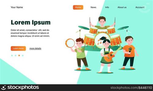 Cartoon children band flat vector illustration. Cute young artists, singers or musicians singing song and playing musical instruments. Party, music and performance concept