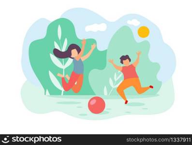 Cartoon Children Boy and Girl Jump and Play Toy Ball Outside Vector Illustration. Summer Holidays, Nature Outdoors, Park Grass. Happy Childhood, Daughter Son Family Love, Baby Activity Fun Game. Cartoon Children Boy Girl Jump Play Toy Ball Park