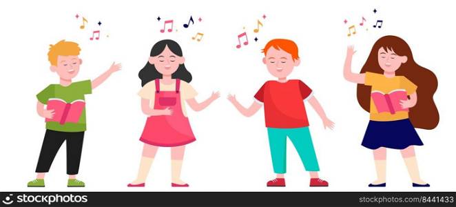 Cartoon children choir flat vector illustration. Cute kids singing song at music school, church or vocal group. Friendship, music and performance concept