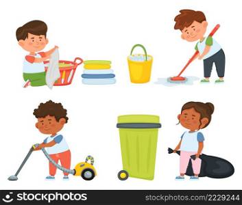 Cartoon children doing housework. Boys and girl helping parents with laundry, washing and vacuuming floor and taking out garbage. Characters doing cleanup or household chores vector. 2201 S Cartoon children doing housework